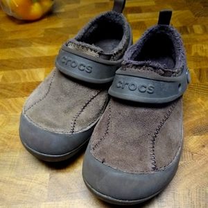 Crocs, brown suede with faux fur inside. Kids size 11.